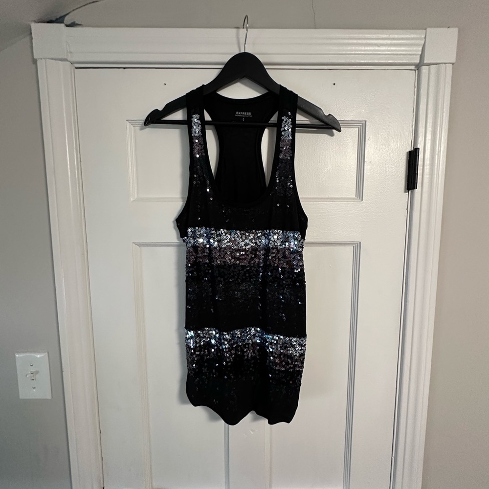 Express Black Sequin Fitted Tank Top